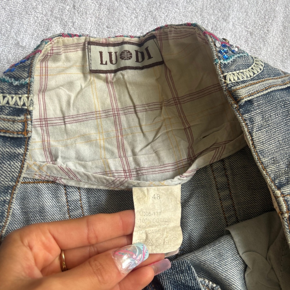 Luodi Y2K Denim Mini Skirt Embroidered Beaded Medium Wash Blue Cotton Size 48 - Picture 4 of 5